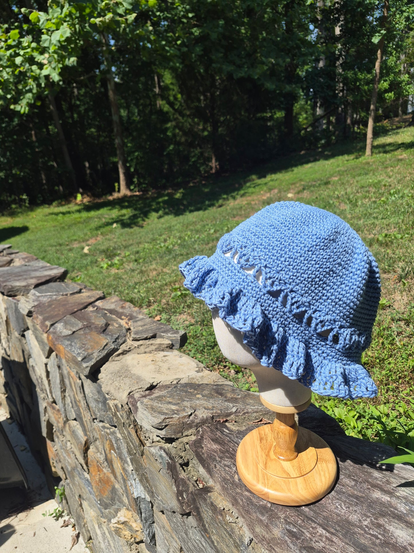 XL Cloche Bucket Hat with Scalloped Brim, Blue