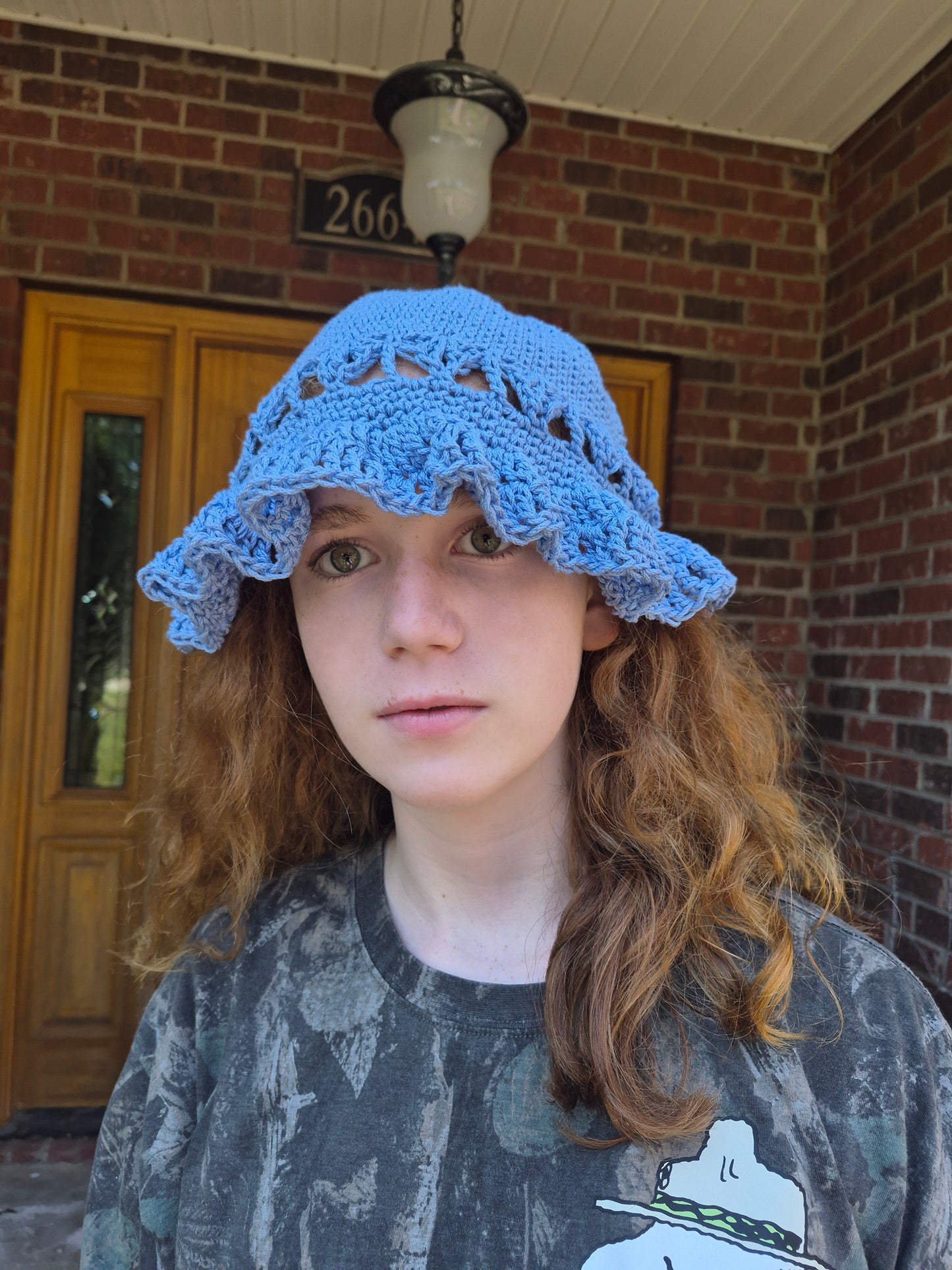XL Cloche Bucket Hat with Scalloped Brim, Blue