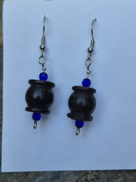 Blue Agate and Wood Bead Earrings