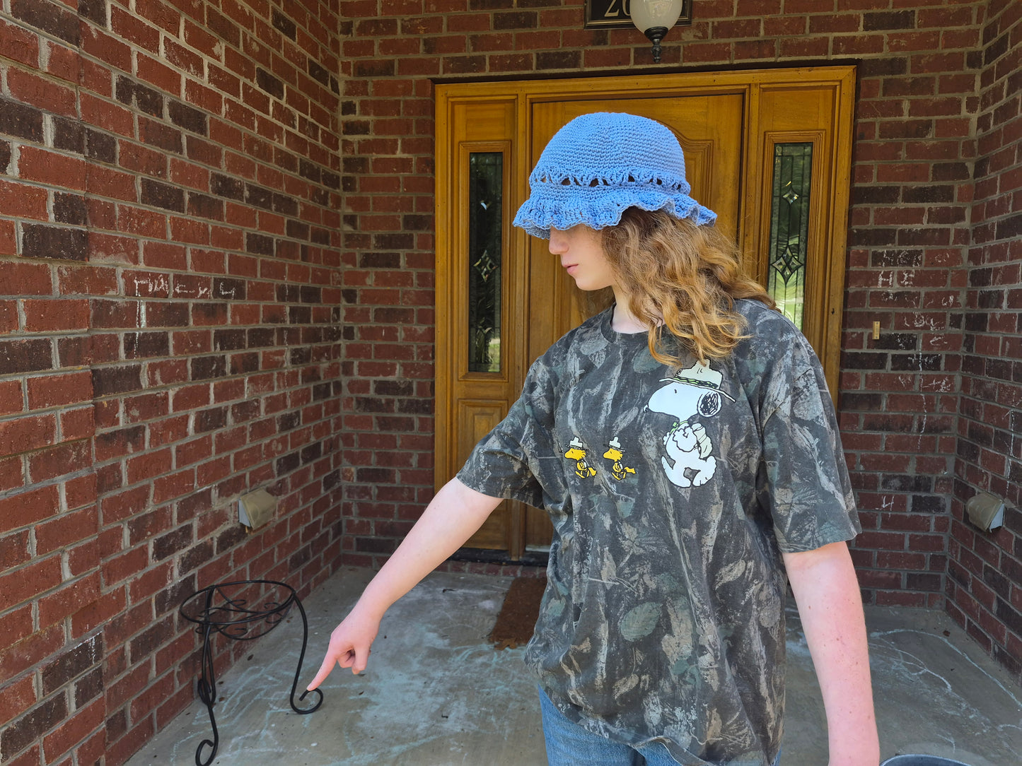 XL Cloche Bucket Hat with Scalloped Brim, Blue