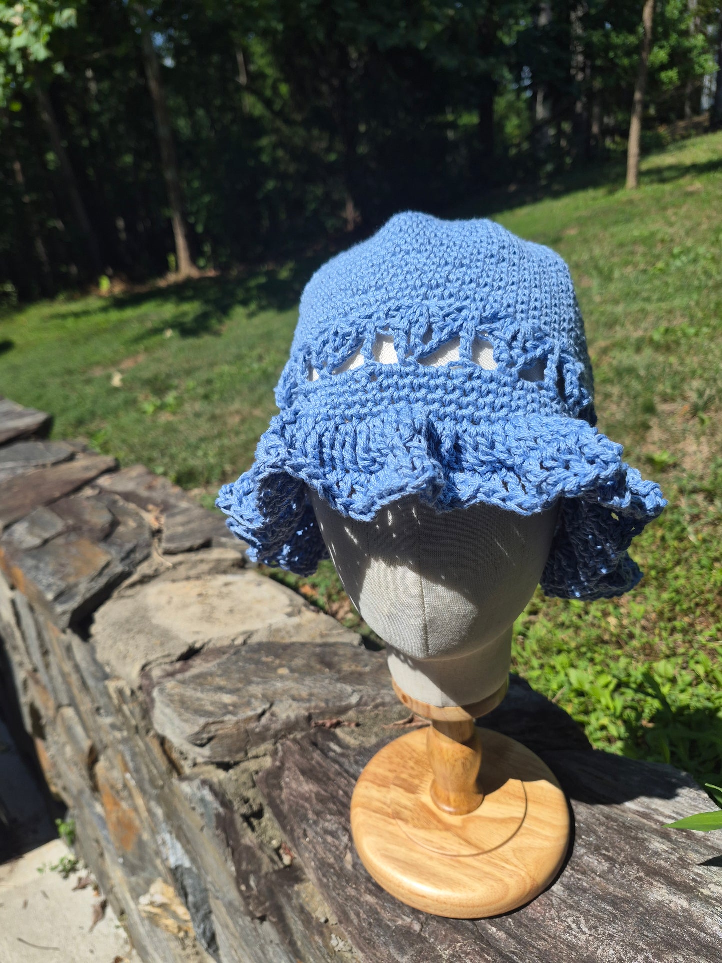 XL Cloche Bucket Hat with Scalloped Brim, Blue