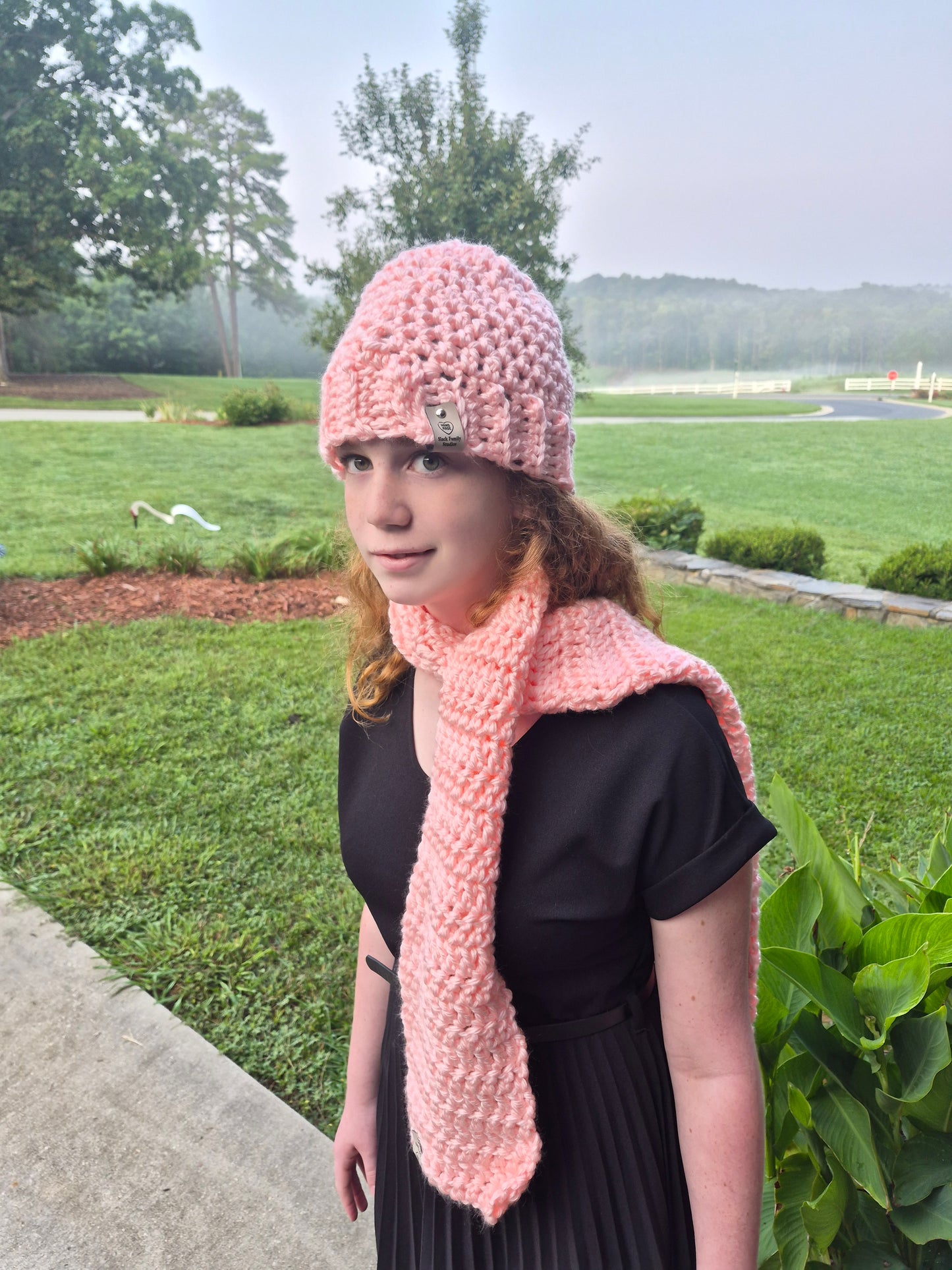 Pink Acrylic crocheted hat and scarf