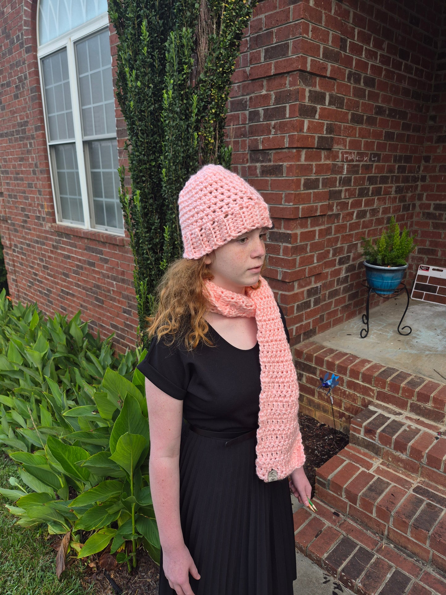 Pink Acrylic crocheted hat and scarf
