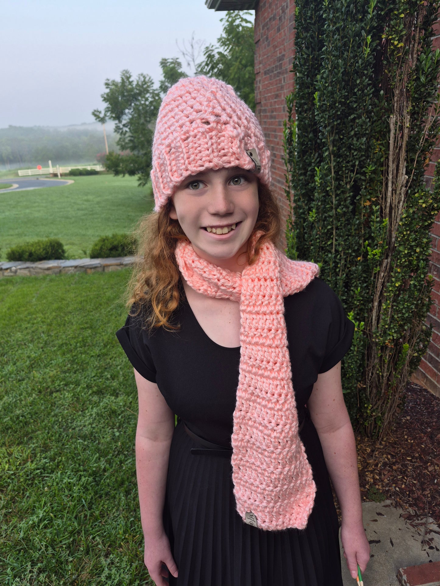 Pink Acrylic crocheted hat and scarf